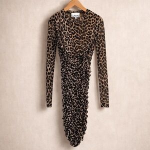 GANNI Leopard Ruched Mesh Dress Long Sleeve Sheer Bodycon Midi Dress